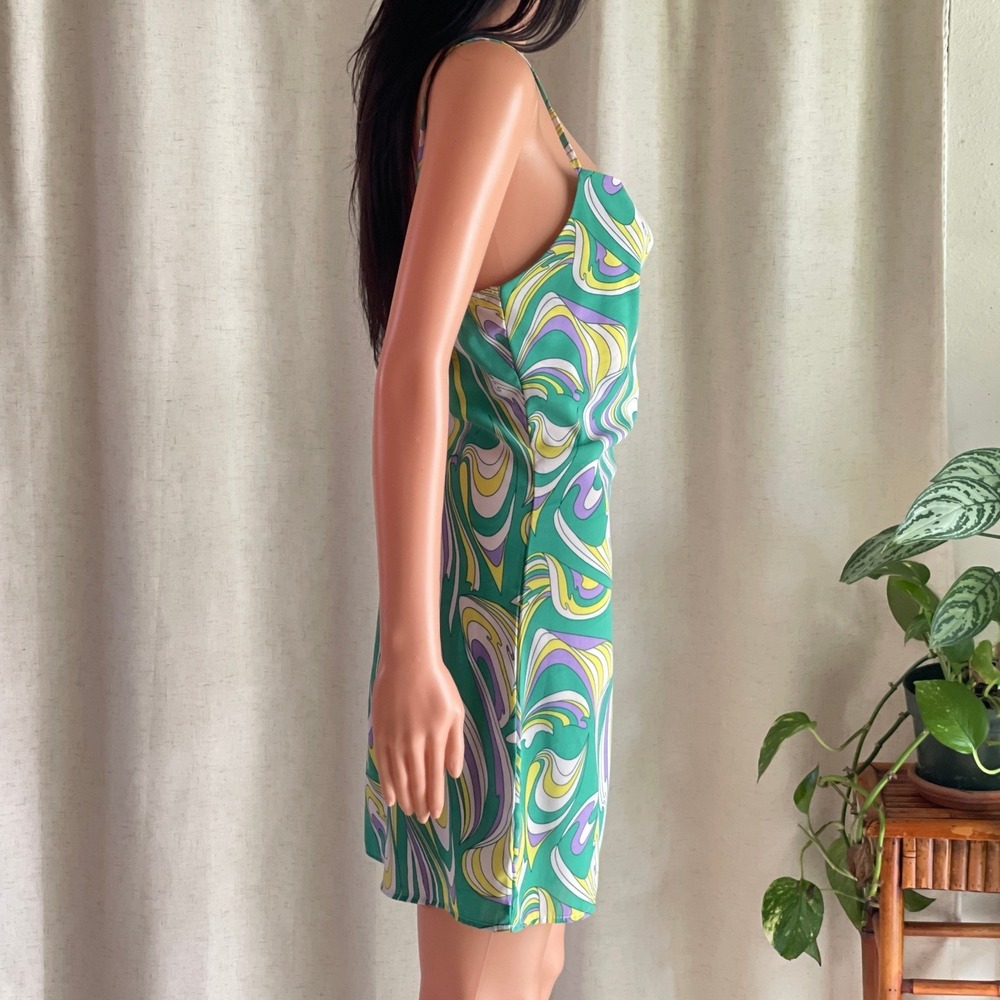 Pretty Garbage Green Psychedelic Swirl Cowl Neck Mini Dress Small PSD075 - Picture 3 of 6